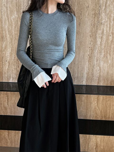 ニットトップス 気質 大人気 スリム ホーンスリーブ Tシャツ (T)