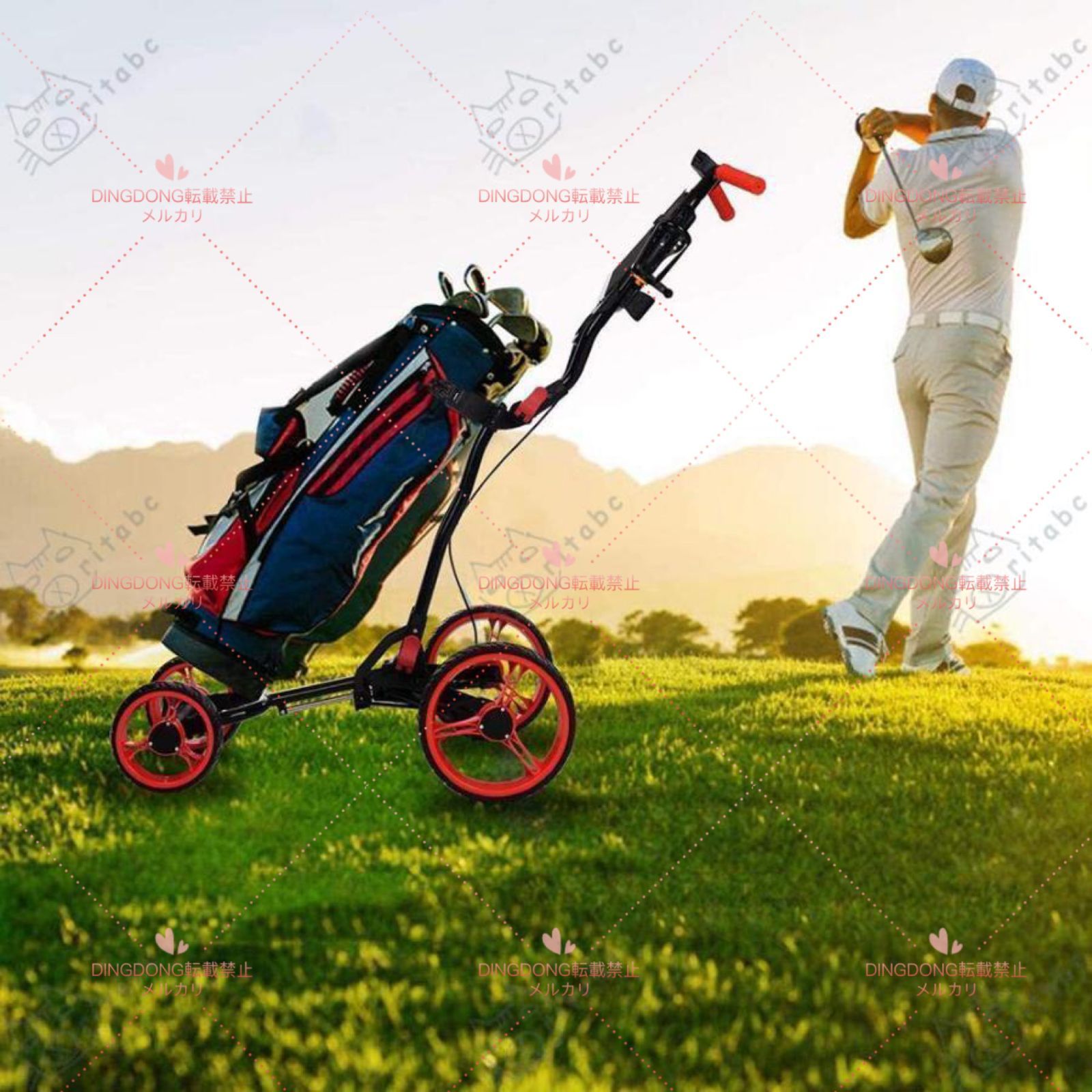 明示的な 折りたたみ式電動ゴルフカート ハンドブレーキ付きゴルフプルカート ゴルフプッシュカート4輪折りたたみ式 あらゆるゴルフバッグに最適 ゴルフギフトのゴル