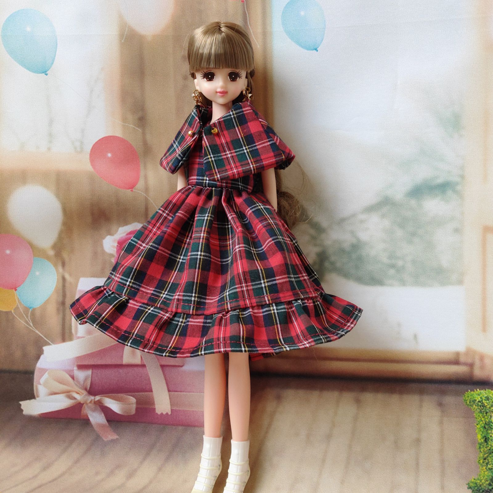 あき　りかちゃんジェニー服　ヴィクトリアン桜+薔薇&テディベアチェック柄 9月新作》リカちゃん服ジェニーちゃん服060 - メルカリ