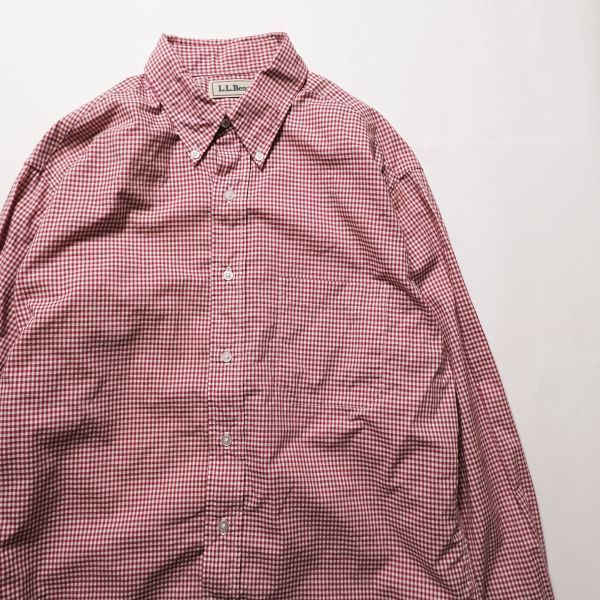 90's LLビーン ボタンダウン ギンガムチェック コットンシャツ 赤×白 (M) 長袖 90年代 旧タグ オールド LLBEAN アメリカ古着 USED ビンテージ ヴィンテージ
