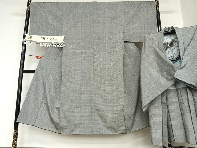 平和屋着物●男性 生紬 アンサンブル 色無地 源氏鼠色 反端付き 正絹 AABA8839zg