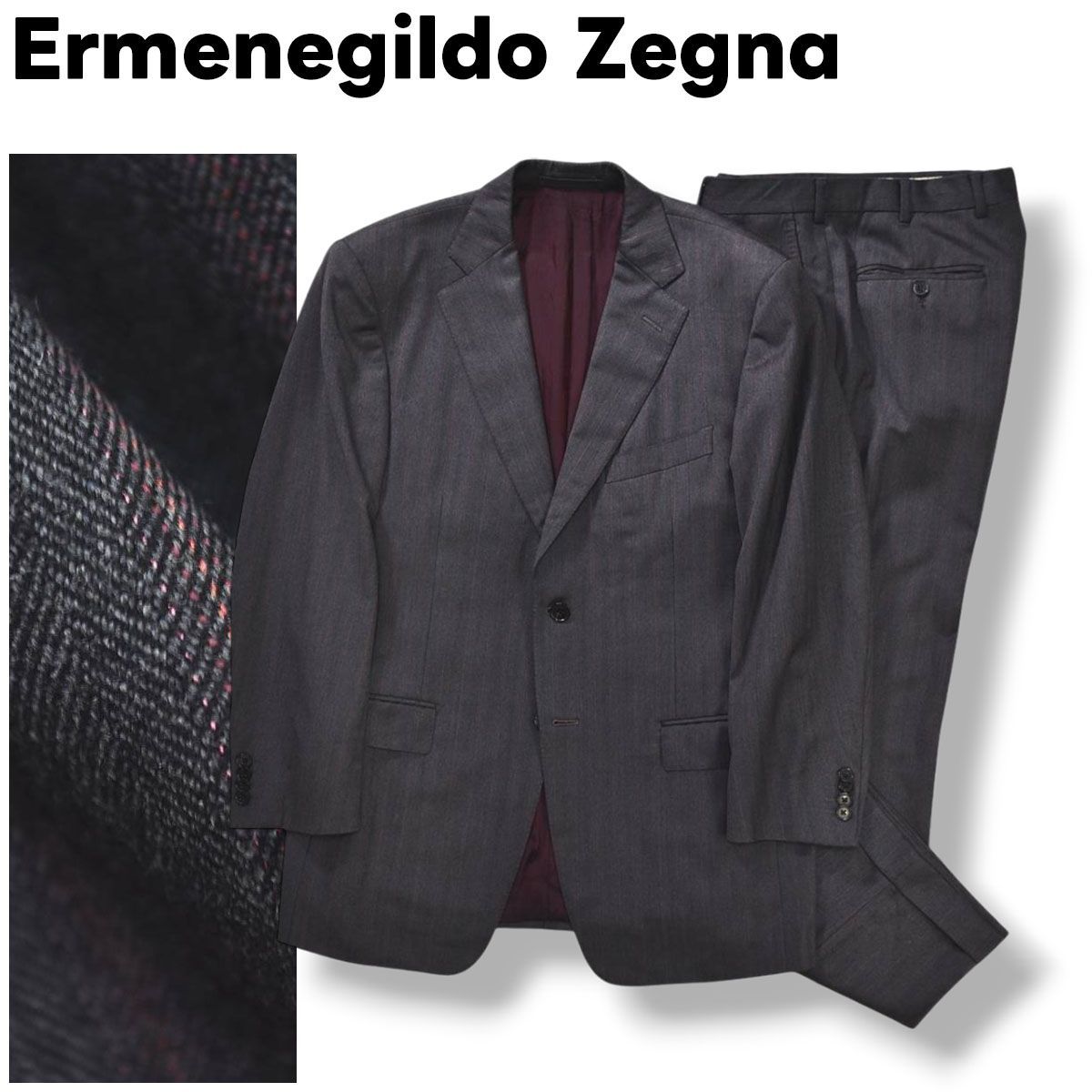 スイス製 エルメネジルド ゼニア トロフェオ Ermenegildo Zegna TROFEO ROMA MODEL 2B シングル スーツ セットアップ 上下 48 C ヘリンボーン ストライプ グレー x ワインレッド メンズ
