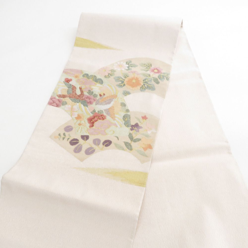 袋帯 正絹 つづれ織り 金糸 地紙花鳥文様 ベージュ色ｘ金色ｘ多色 お太鼓柄 フォーマル 礼装 長さ440cm【中古】 【キモノオフ野々市若松店】 袋帯 正絹 つづれ織り 金糸 地紙花鳥文様 ベージュ色x金色x多色