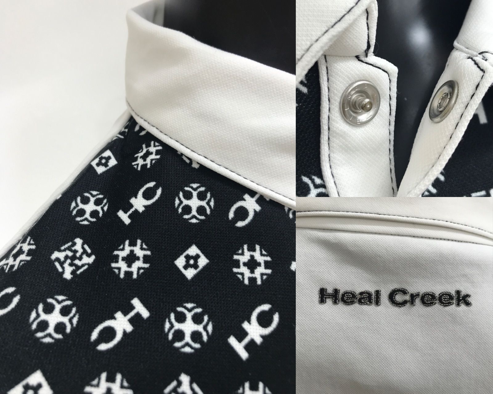 【USED】Heal Creek ヒールクリーク ポリエステル 半袖 ポロシャツ ブラック 黒 ホワイト 白 レディース 42 L ゴルフウェア