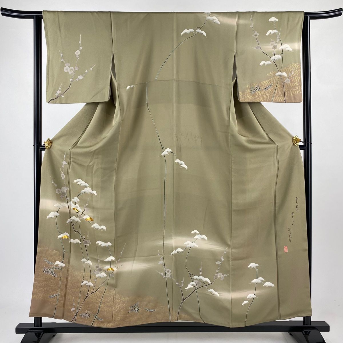 訪問着 身丈156cm 裄丈63cm S 袷 落款 枝梅 松 金糸 金彩 灰緑 正絹 秀品
