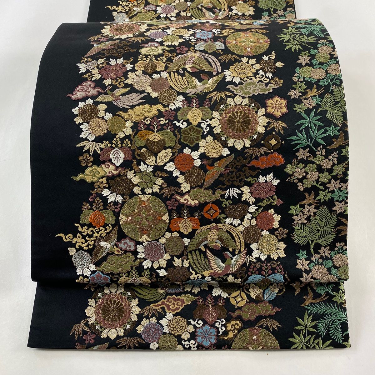 袋帯 秀品 松竹梅 花鳥 箔 唐織 黒 六通 正絹