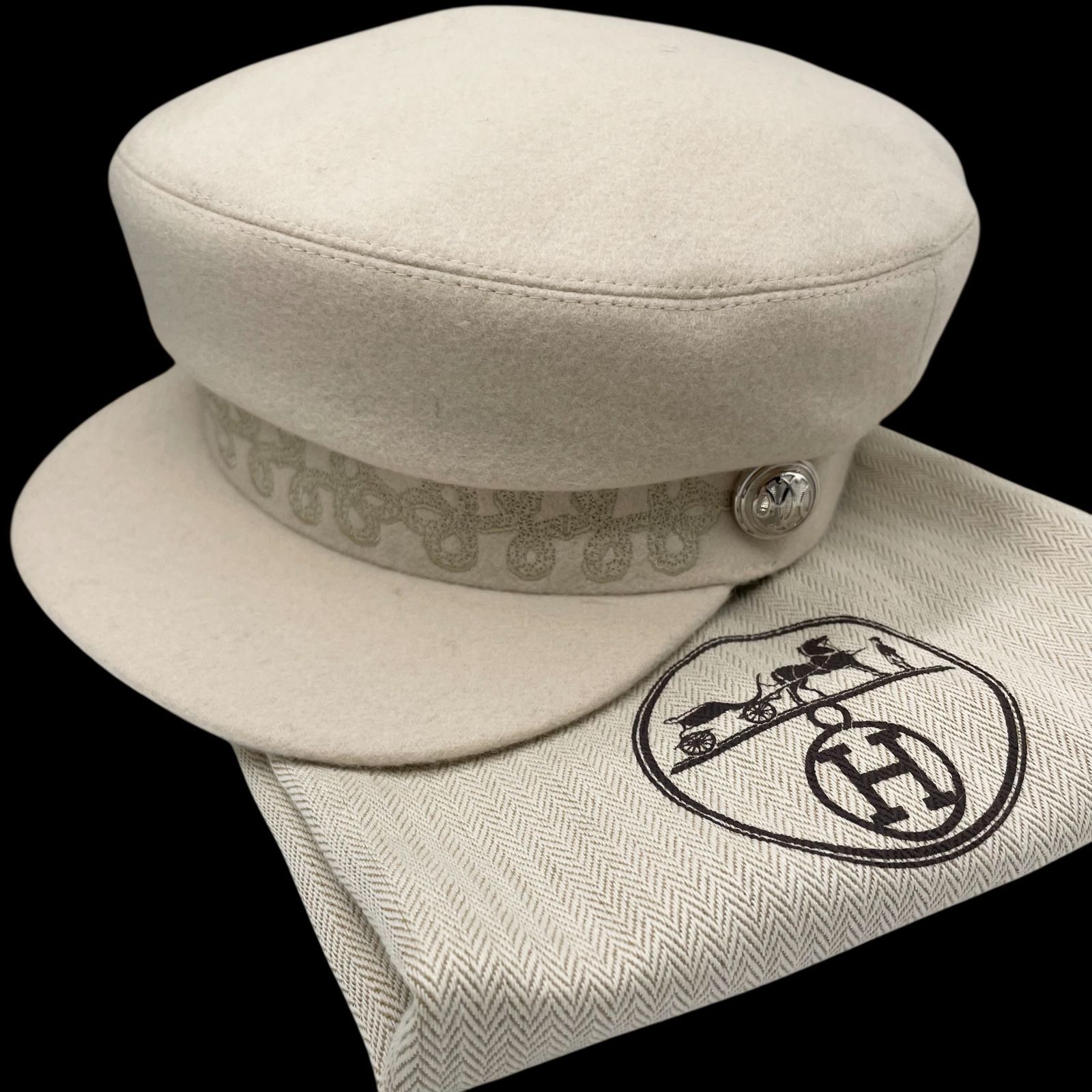 保存袋付き エルメス HERMES キャスケット ベージュ アイボリー レース刺繍 シルバーボタン 帽子 ハット マリンキャップ