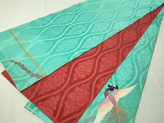 アンティーク袋帯　大正ロマン　鳳凰　金駒刺繍　マゼンダピンク　縮緬　No.20 袋帯 未使用 フォーマル 正絹 手刺繍 蘇州刺繍 引箔地 金色地 菊