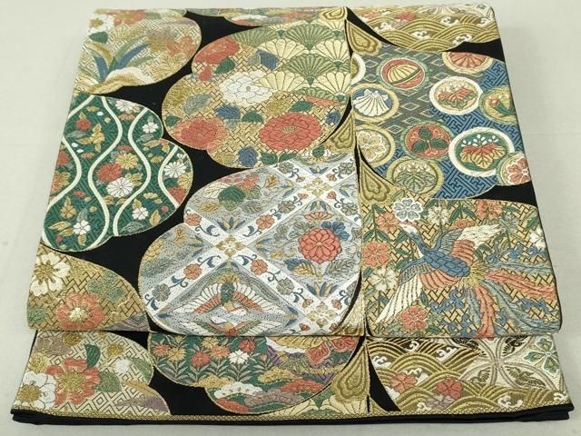 平和屋着物●六通柄袋帯　唐織　明繍豊彩文　黒地　金糸　正絹　逸品　DAAT7766ob 平和屋着物○六通柄袋帯 唐織 明繍豊彩文 黒地 金糸 正絹 逸品