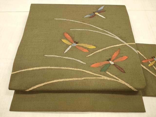 平和屋着物●九寸名古屋帯 草葉蜻蛉文 金糸 正絹 DAAY8005cm