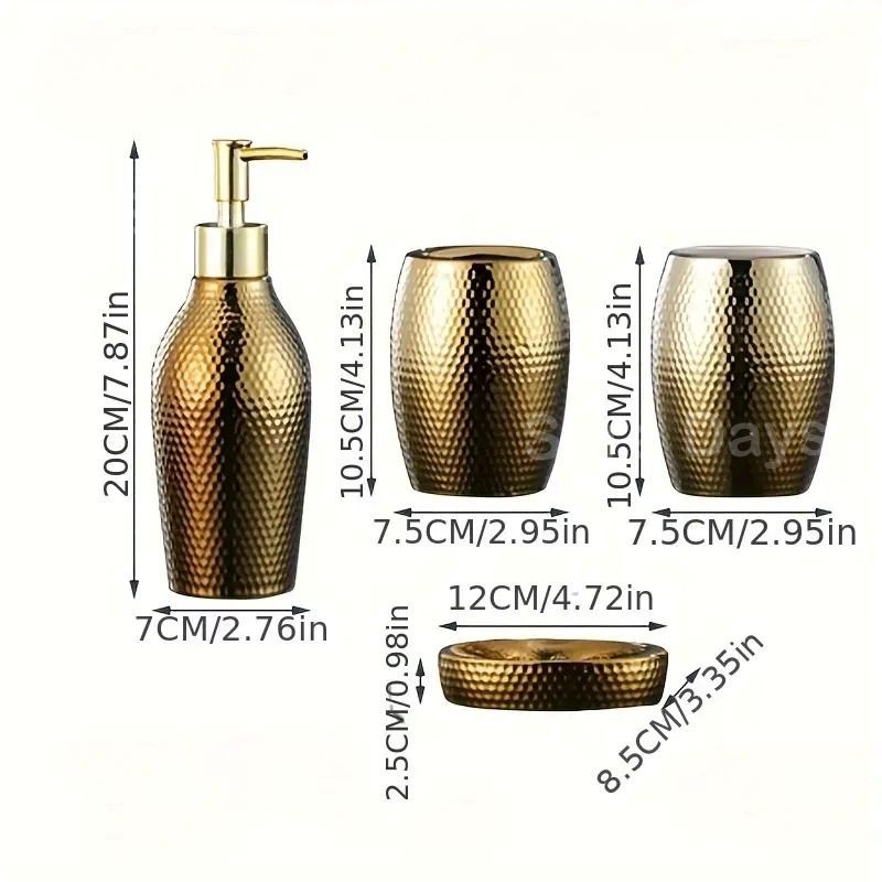 ソープディッシュ ソープホルダー 洗面用具 4点セット ゴールド おしゃれ モダン エレガント インテリア 北欧 石鹸置き ディスペンサー 歯ブラシスタンド コップ メタリック 12×8.5×2.5cm