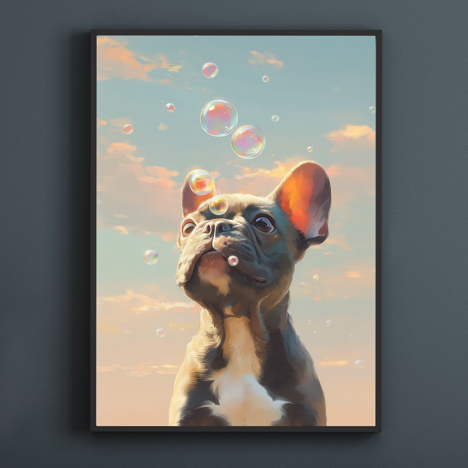 名入れOK 犬とシャボン玉 - フレンチブルドッグ犬 No.3 フレブル ブリンドル アートポスター うちの子記念日 ペットロス 北欧 ナチュラル