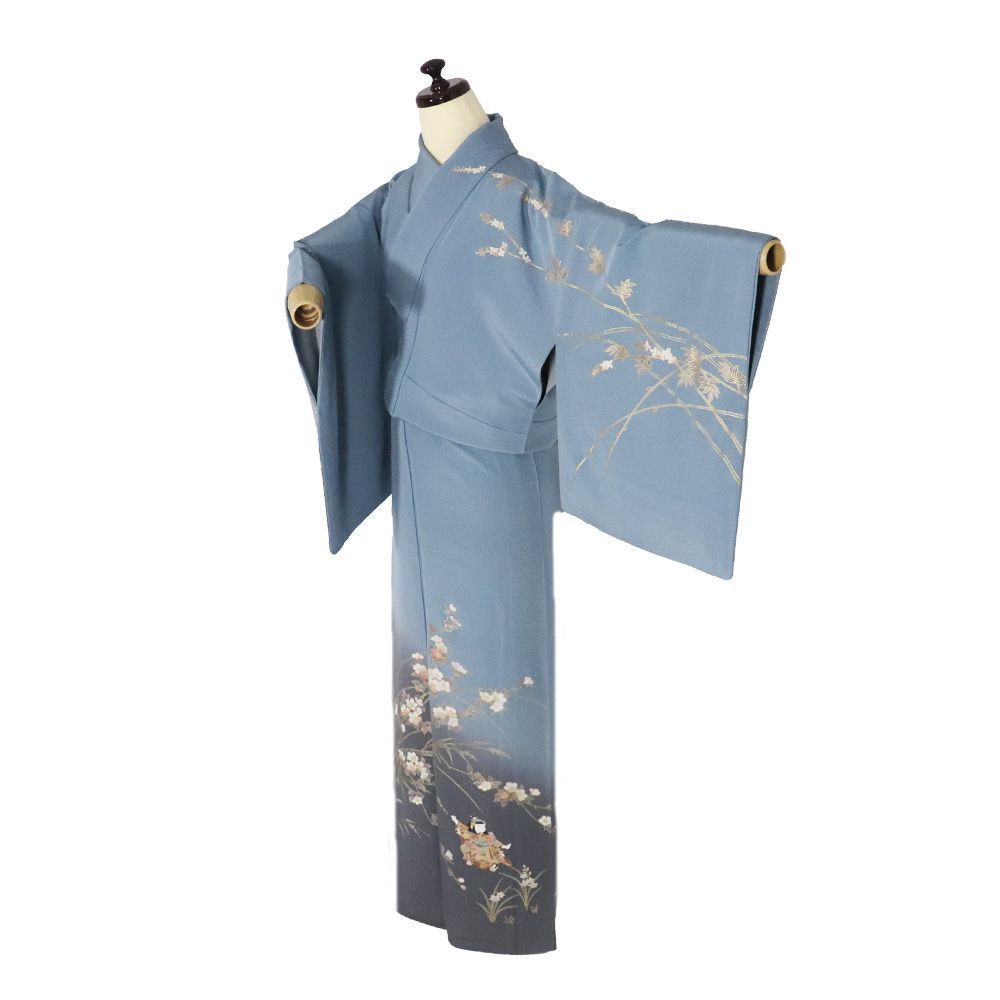 訪問着 袷 正絹 グレー グレー緑 暈し 桜 童 Mサイズ ki31138 美品