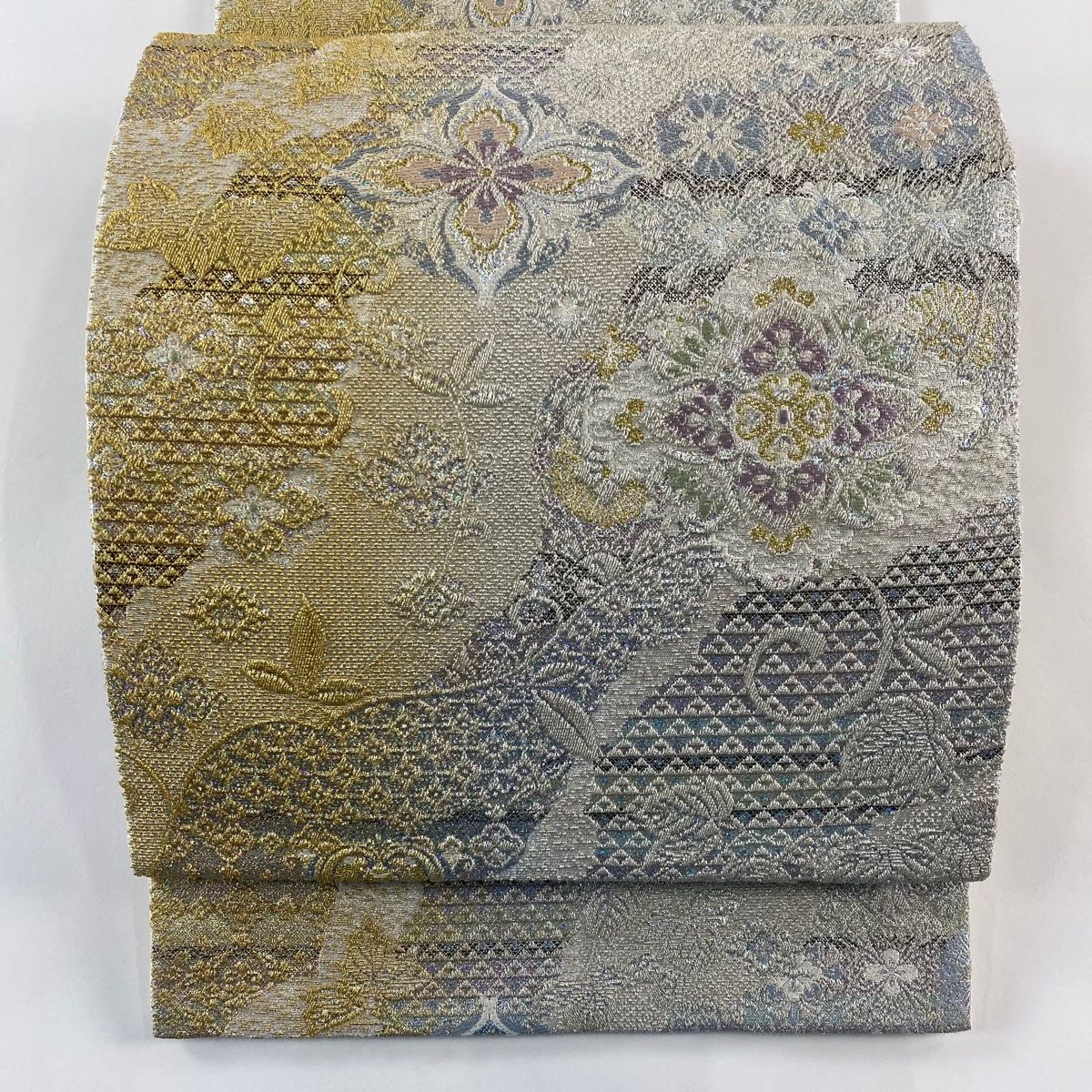 【美品】 袋帯 名品 花唐草 道長取 金銀糸 箔 銀色 六通 正絹 【】