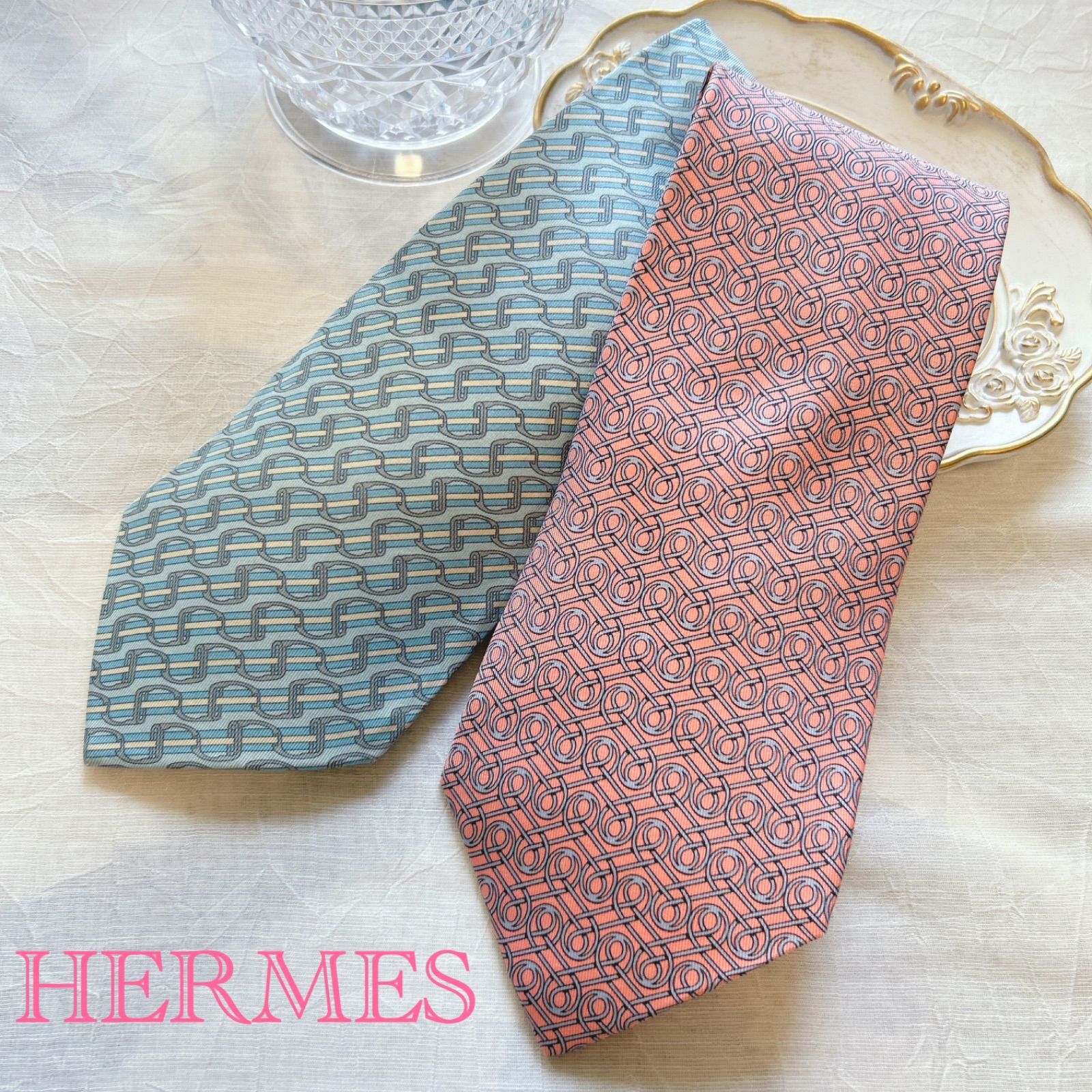 エルメス HERMES ネクタイ フランス製 ピンク ブルー 2枚SET - メルカリ