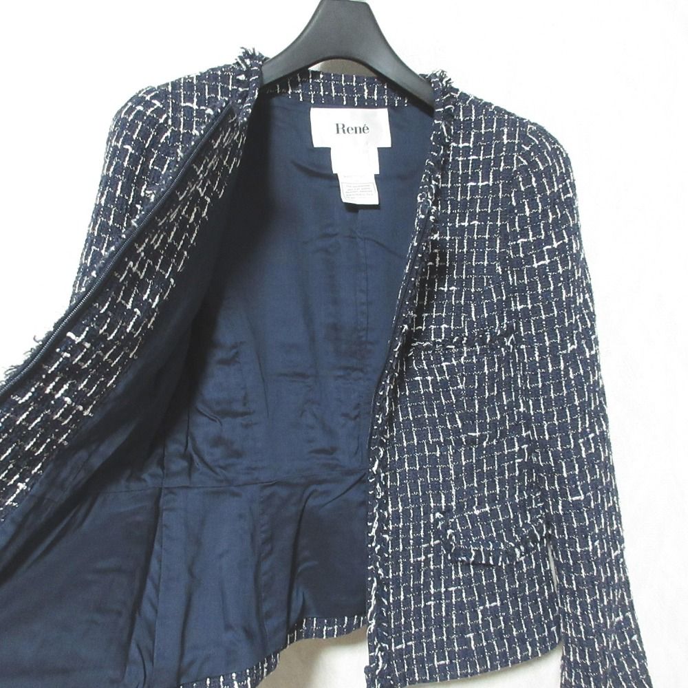 美品 Rene フランス製ツイード ノーカラージャケット 36 ブラック