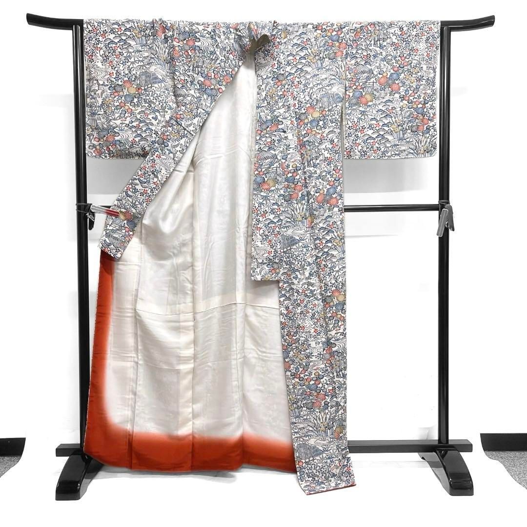 未着用　小紋　琉球紅型　型染め　菊　菖蒲　松　桔梗　流水　白　着物　053a d 未着用 小紋 琉球紅型 型染め 菊 菖蒲 松 桔梗 流水 白 着物