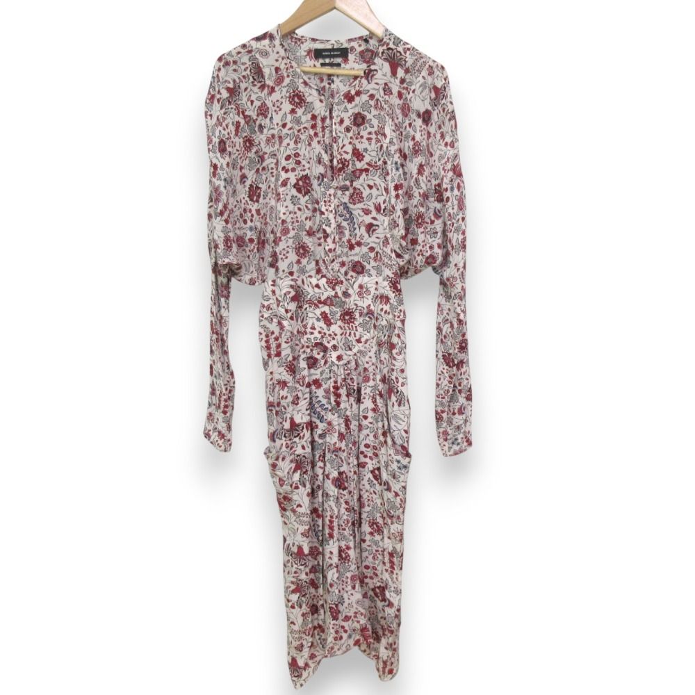 ISABEL MARANT イザベルマラン KELKY シルク100％ フラワープリント 長袖 ロングワンピース サイズ36 レッド系 レディース 古着