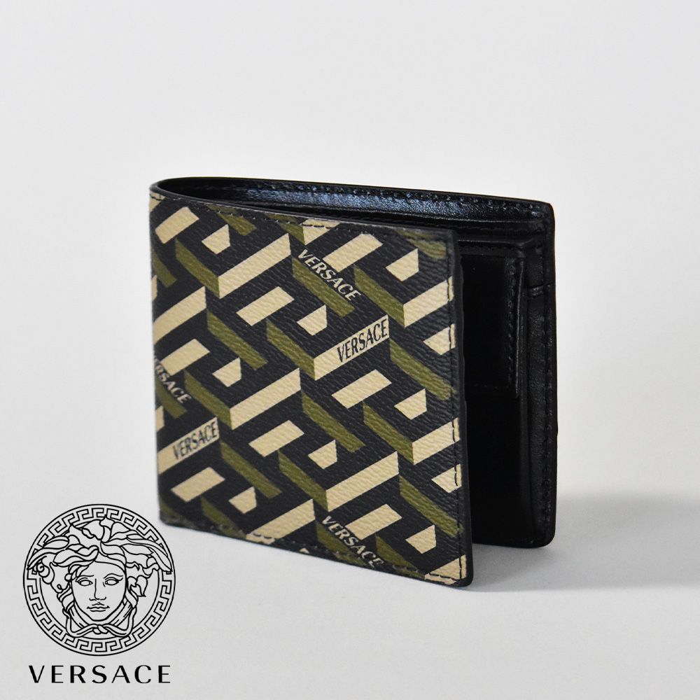 ヴェルサーチ 財布 メンズ レディース 二つ折り ブランド 本革 二つ折り財布 VERSACE 2つ折り財布 小銭入れ付き カーキ ブラック 革  ヴェルサーチェ DPU6737