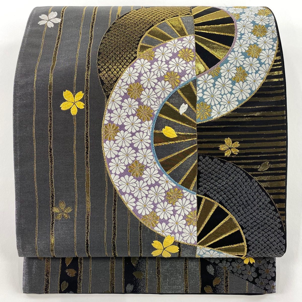 袋帯 秀品 献上御車菊花文 桜 唐織 金糸 黒灰 六通 正絹