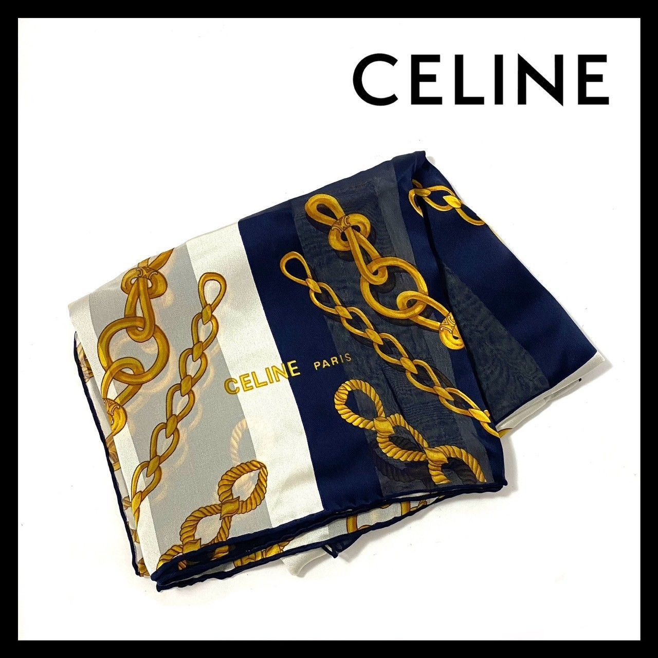 イタリア製　美品　CELINE シルク　スカーフ アイボリー ネイビー CELINE - CELINE シルク100% 大判スカーフ アイボリー、ネイビー