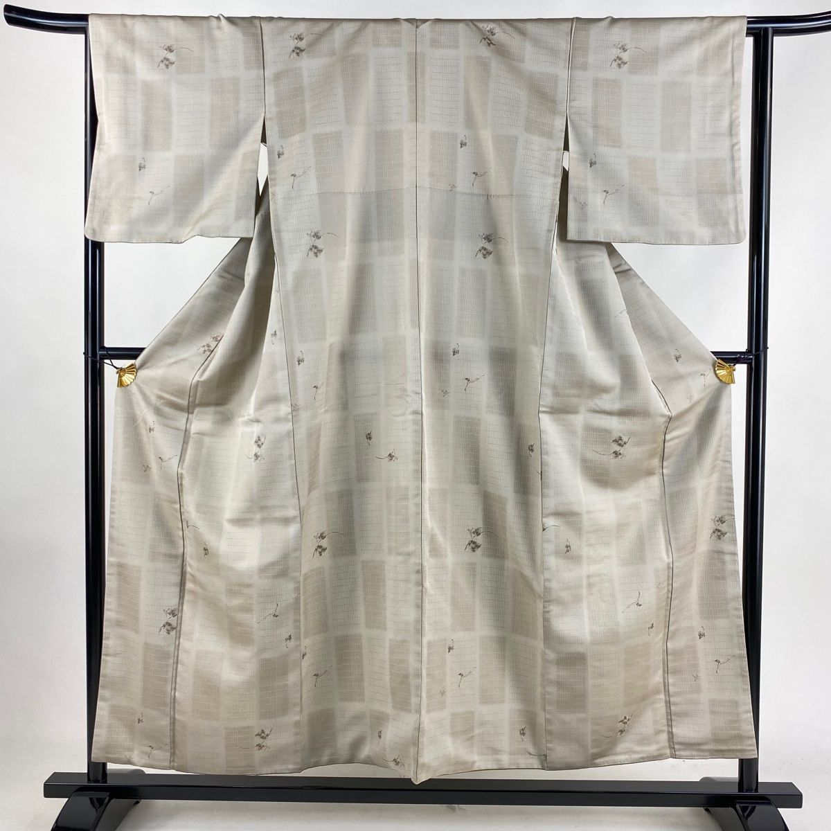 小紋 身丈154cm 裄丈64.5cm M 袷 枝花 変わり市松 金糸 灰茶 正絹 秀品
