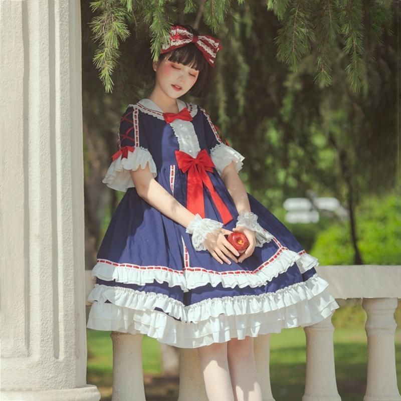 ロリータ ワンピース 半袖 ドレス 白雪姫風 姫ロリ ミニ丈 豪華 グリム童話 ゆめかわいい ロリータファッション コスプレ レディー