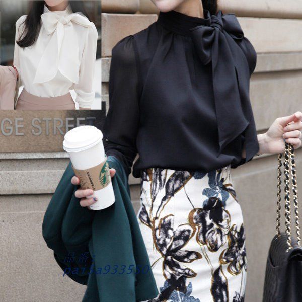 サテンリボンブラウス ブラック 長袖 スタンドパーティー セレモニー 大きいサイズ有り クリックポストで発送可 SからXXL pai5a933550