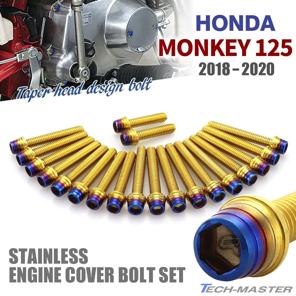 HONDA モンキー125 JB02 18年-20年 エンジンカバー クラッチカバー ジェネレーターカバー スプロケカバー クランクケース ボルト 20本セット ホンダ ステンレス ゴールド×焼チタンカラー TB6262