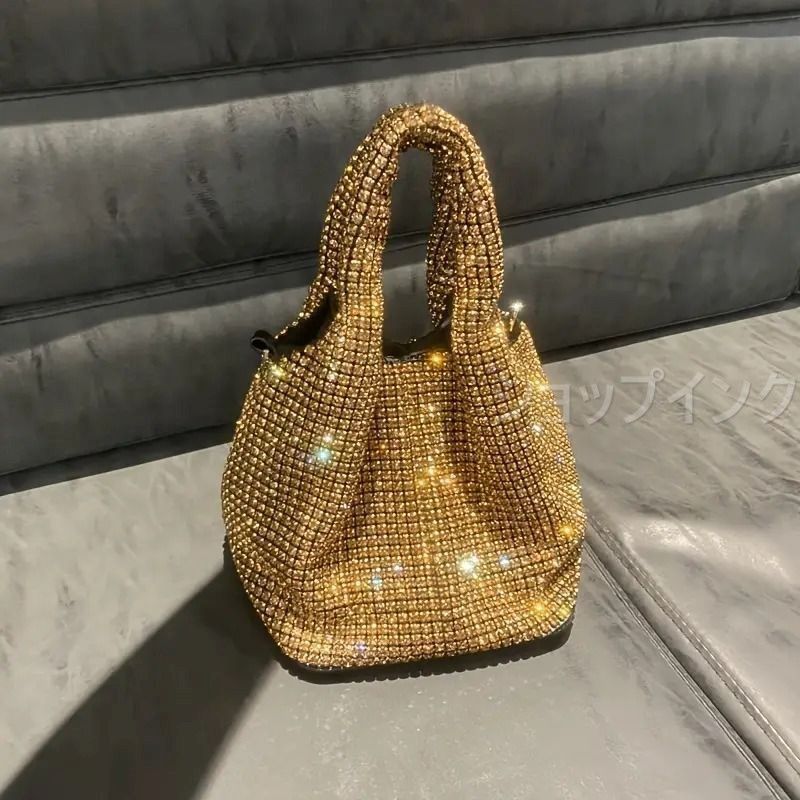パーティーバッグ 結婚式 ミニバケットバッグ ラインストーン キラキラ レディースバッグ チェーン ショルダー 2way ゴージャス シルバー ゴールド