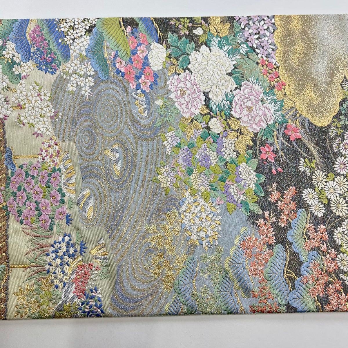 袋帯 秀品 落款 三景草花図 竜安寺 金銀糸 箔 青灰色 六通 正絹