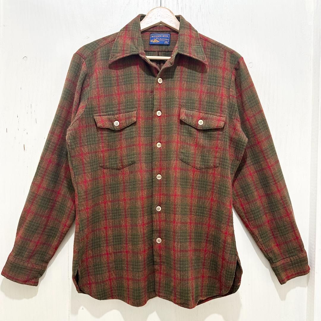 60s WONDER WOOL by ARROW ヴィンテージ ウールネルシャツ 60年代 タータンチェックシャツ 赤×グリーンチェック フランネルシャツ M レッド 赤 古着 ユーズド