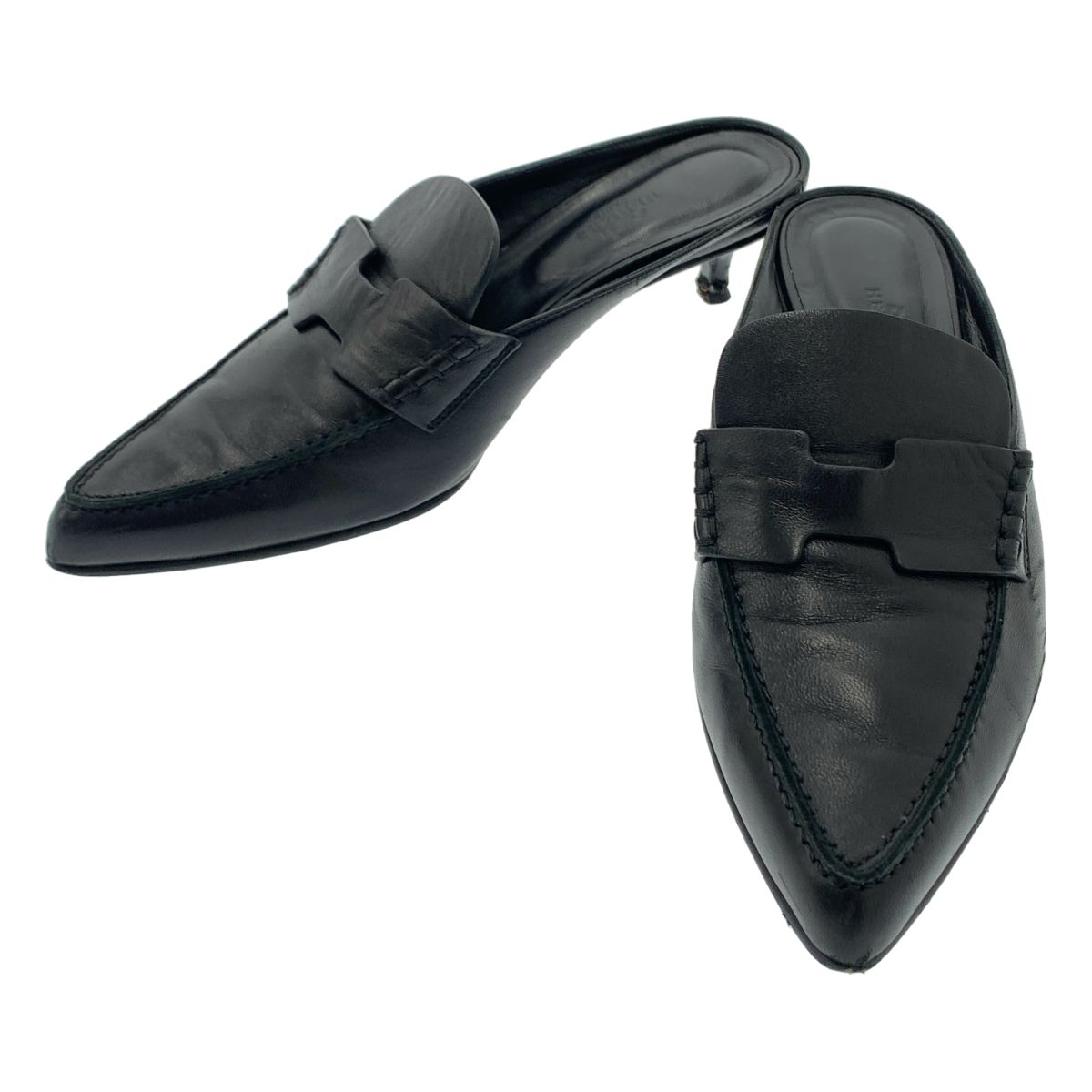 HERMES エルメス GLORIOUS グロリアス レザー ポインテッドトゥ ヒール ミュール サンダル 37 ブラック レディース