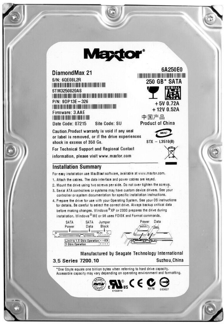 Hard Drive MAXT DIAMONDMAX 21 250GB 7200RPM 8MB SATA II STM3250820AS 3.5''