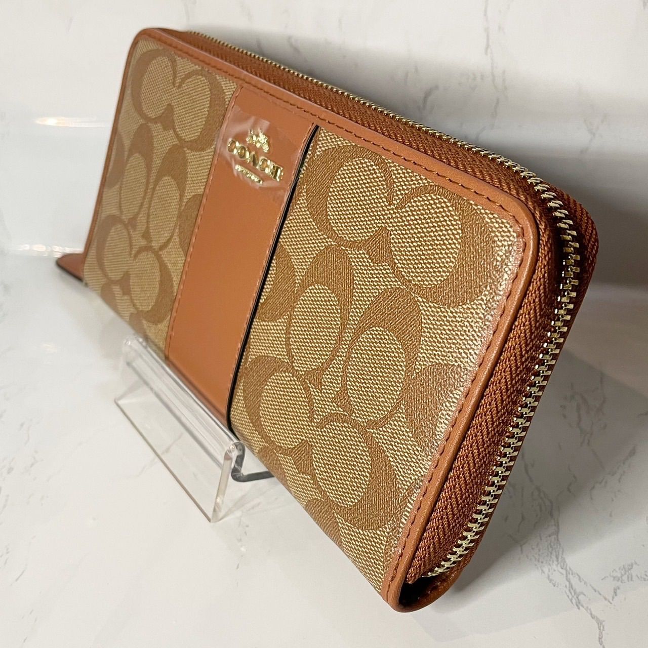 COACH ラウンドファスナー キャンバス×レザー カーキ×サドル 長