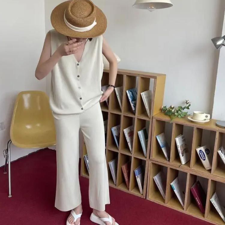 セットアップ レディース ノースリーブ Vネック サマーニット