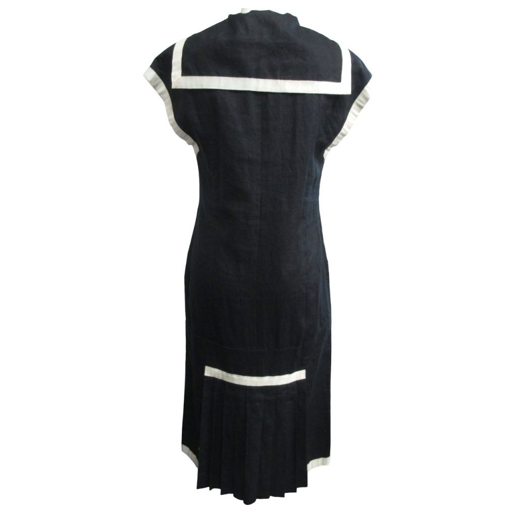 シャネル CHANEL 90s ヴィンテージ セーラー ワンピース ココマーク 金ボタン リネン 麻 ロング丈 正規 紺 ネイビー MNK2