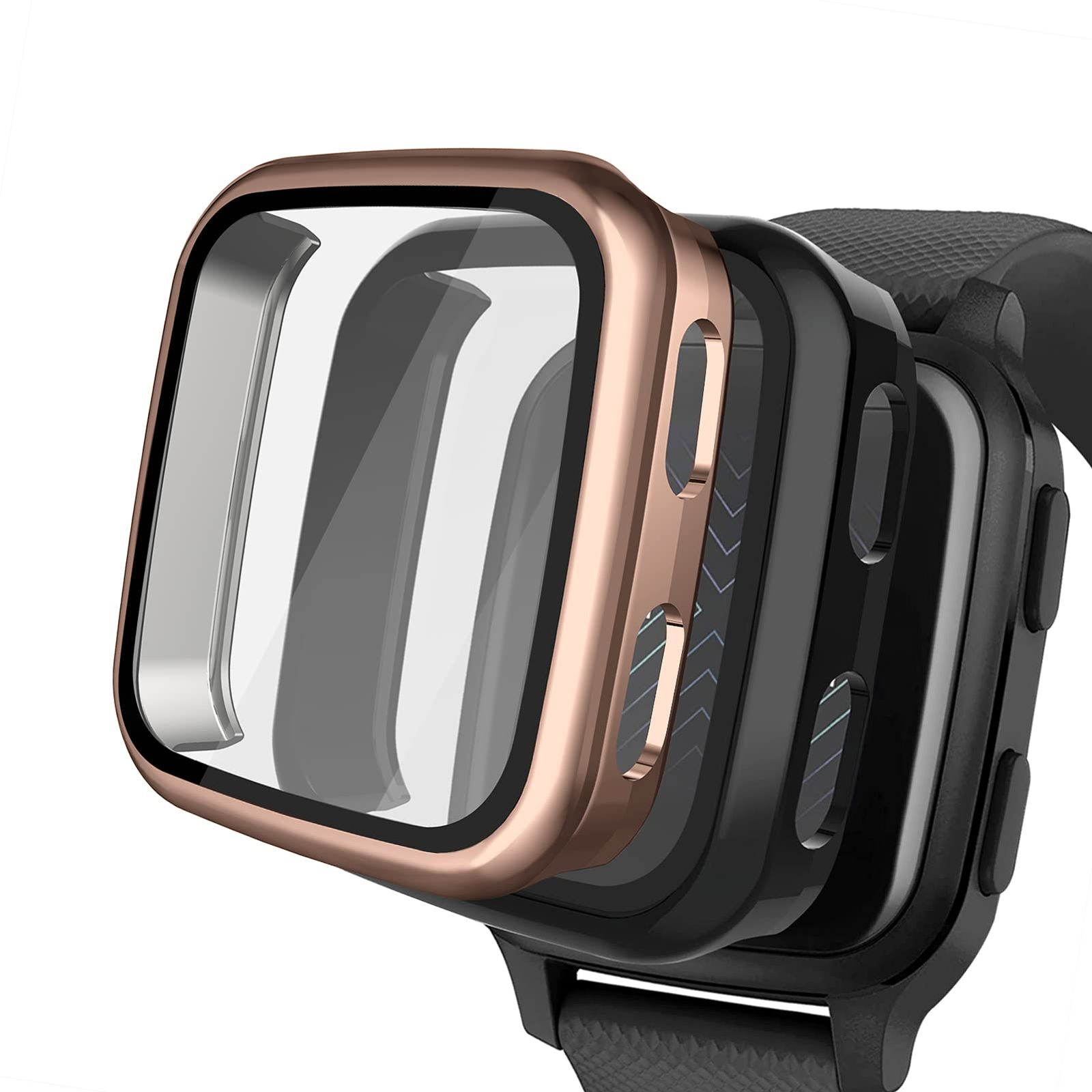 2パックケース Garmin Venu Sq スクリーンプロテクター 9H強化ガラス内蔵 NAHAI ハードPCカバーバンパー 全面傷防止シェル Garmin Venu Sq Music スマートウォッチ用 ブラック/ローズゴー [ローズゴール