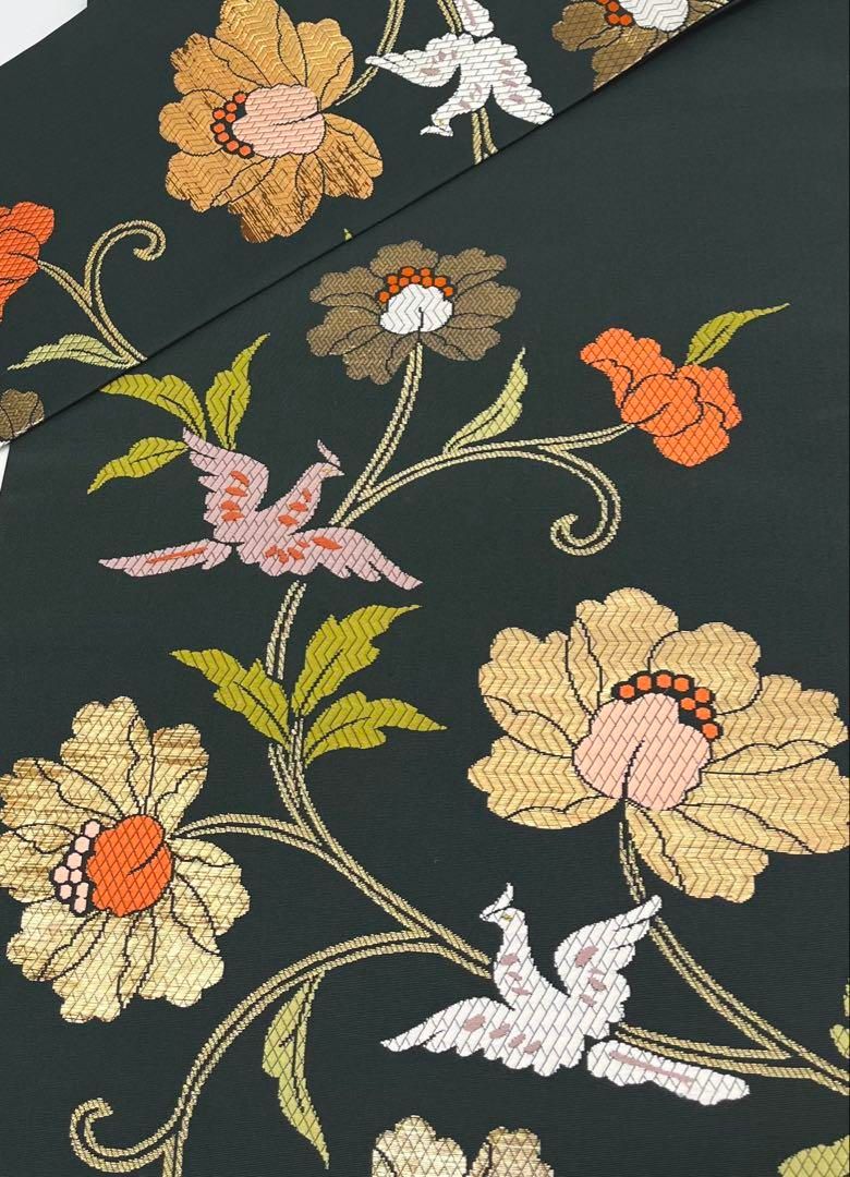 極上　洛風林　工芸帯地　九寸名古屋帯　草花文　正絹　逸品　唐花　洋花 極上 洛風林 工芸帯地 九寸名古屋帯 草花文 正絹 逸品 唐花 洋花