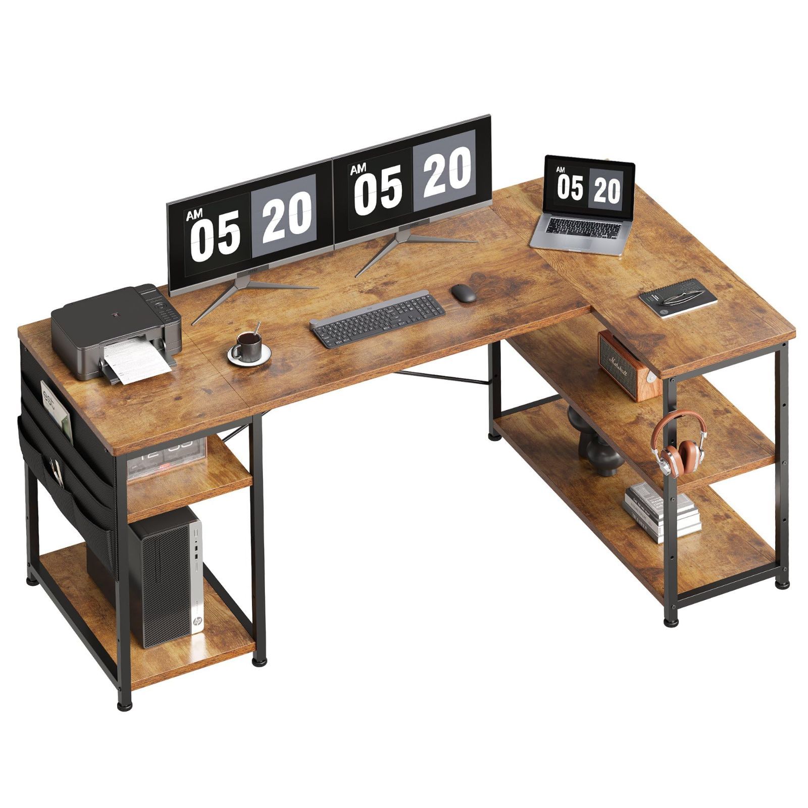 在庫処分 PC L字型 勉強机 収納袋付き 作業 棚板高さ調節 コーナーデスク 在宅勤務 pcデスク リモートワーク 幅150cm ゲーム デスク 書斎 ゲーミングデスク 収納ラック付き l字デスク ビンテージ YeTom