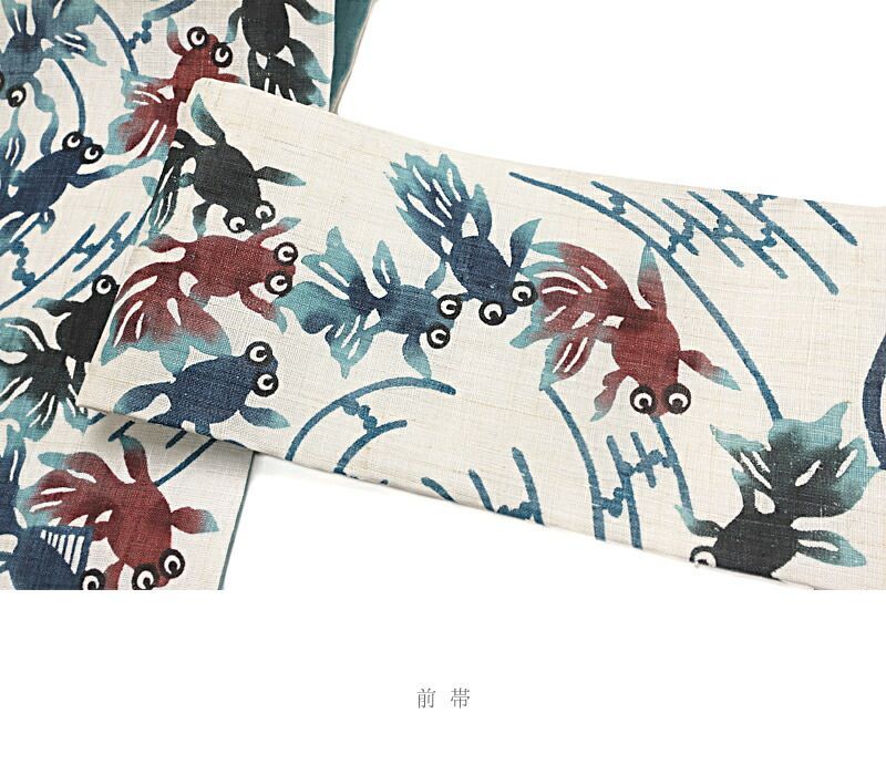 夏物 本麻 栗山吉三郎 和染紅型 九寸名古屋帯 ブルー 猫に金魚 栗山吉三郎 名古屋帯 栗山紅型 夏物 和染紅型 紅型染 藍型 麻 白