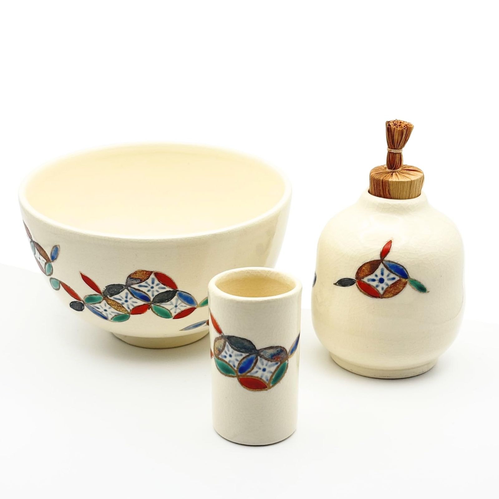 茶道具 三点セット(茶碗・振出・茶巾筒) 仁清 破七宝 陶器三点揃