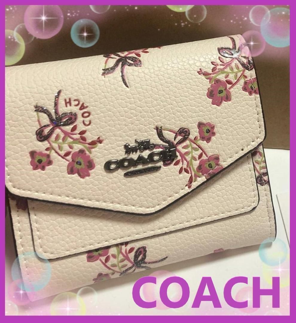 コーチ COACH 新品 レディース 花柄 折り財布 フラワー 白 財布 070