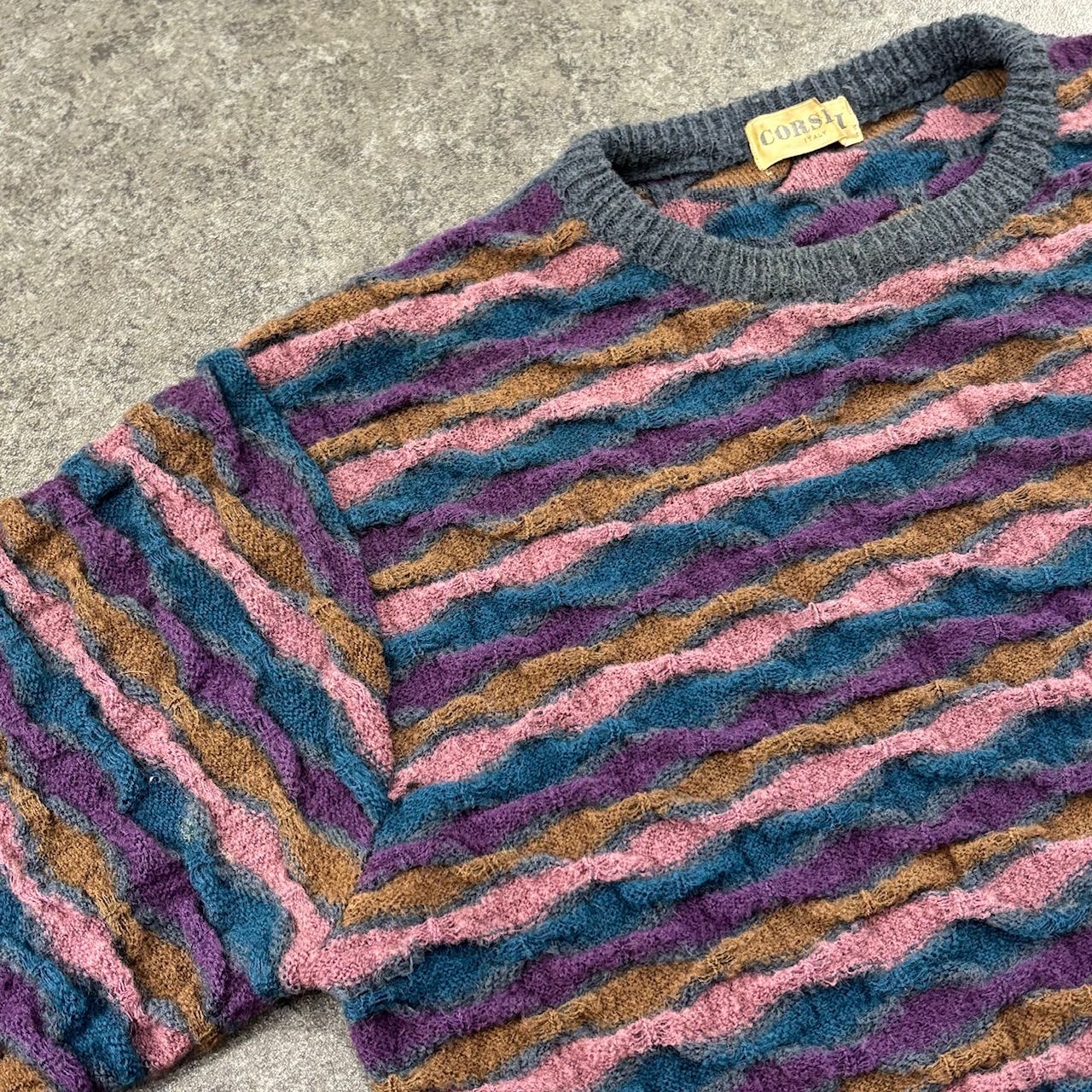 80s 90s Vintage CORSINI Crazy Pattern 3D Sweater Multicolor 3D 