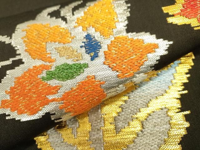 平和屋着物○龍村平蔵製 六通柄 本袋帯 モール一房文 黒地 金