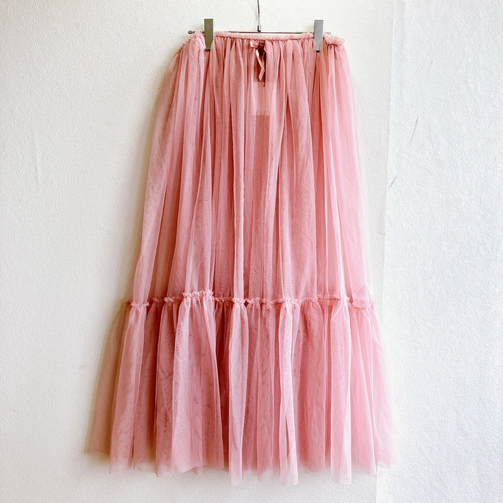 ナイルパーチ　スカラップフリルロングスカート　サーモンピンク ♡♡♡ 🎀NewArrival🎀 吊りフレアスカート ＜MIXツイード＞ ¥14000