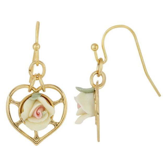【送料無料】 1928 レディース ピアス・イヤリング アクセサリー 1928 14k Gold-Dipped Heart With Porcelain Rose Earrings White