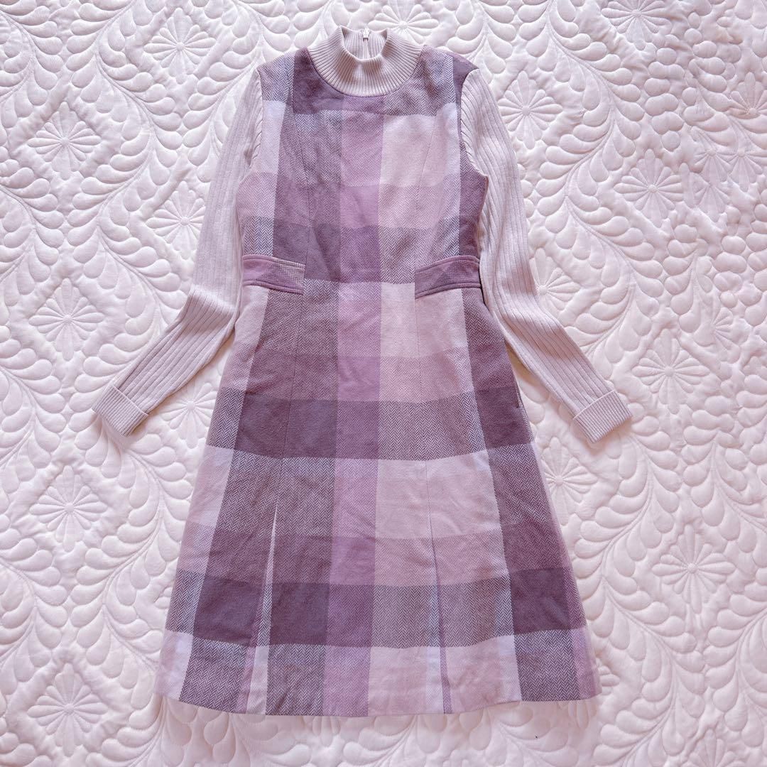 BLUE LAVEL CRESTBRIDGE ブルーレーベルクレストブリッジ チェック柄 リブ ドッキング ハイネック ワンピース ニット ピンク系