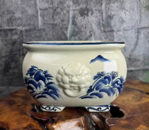 盆山水図青花磁栽鉢 山野草鉢 多肉植物 植木鉢 小品大品盆栽鉢 陶器鉢