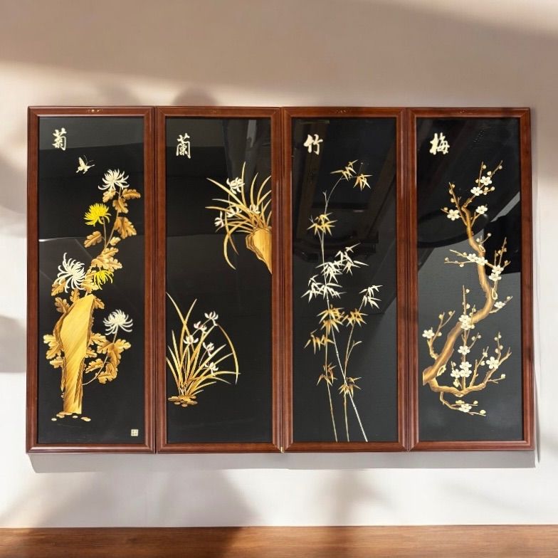 中国美術 絵画 4枚セット【菊蘭竹梅】額装 壁掛 扁額 五彩 色絵